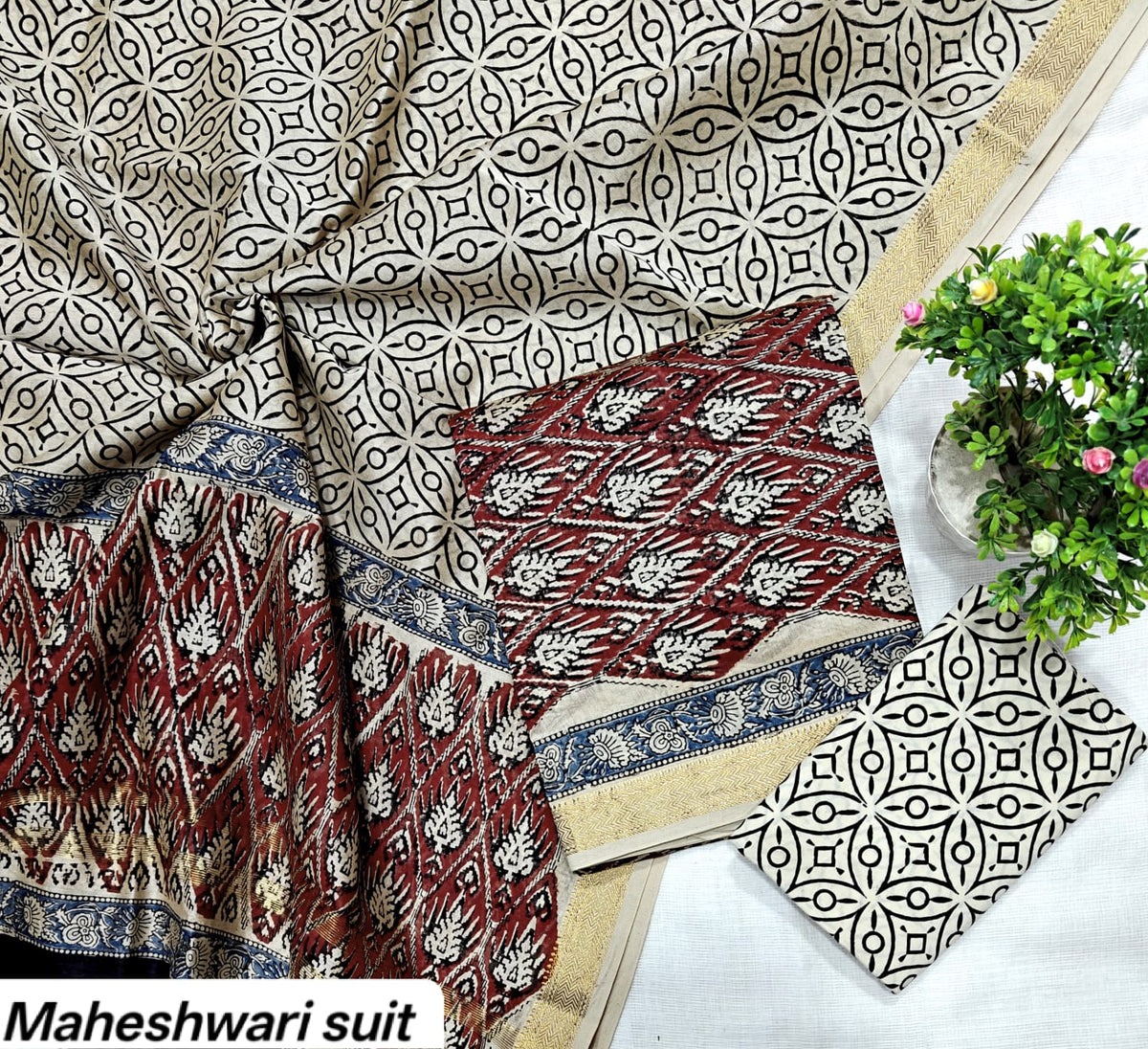 Off-White & Maroon Abstract Floral Motif Handblock Printed Pure Maheshwari Silk Unstitched Suit Set with Dupatta