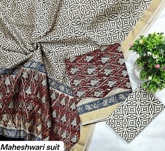 Off-White & Maroon Abstract Floral Motif Handblock Printed Pure Maheshwari Silk Unstitched Suit Set with Dupatta