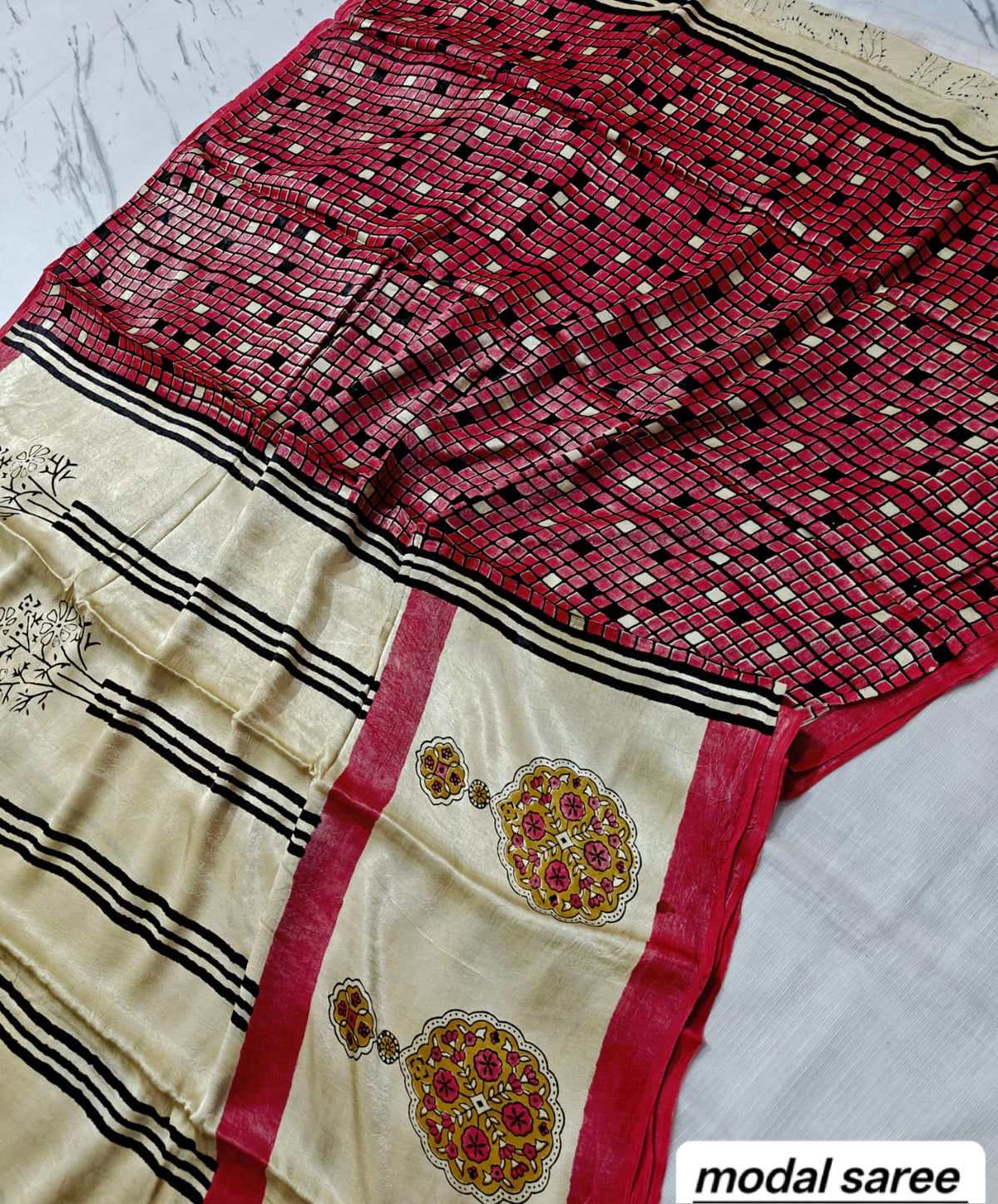 Off-White & Maroon Abstract Handblock Print Pure Modal Silk Ajrakh Saree