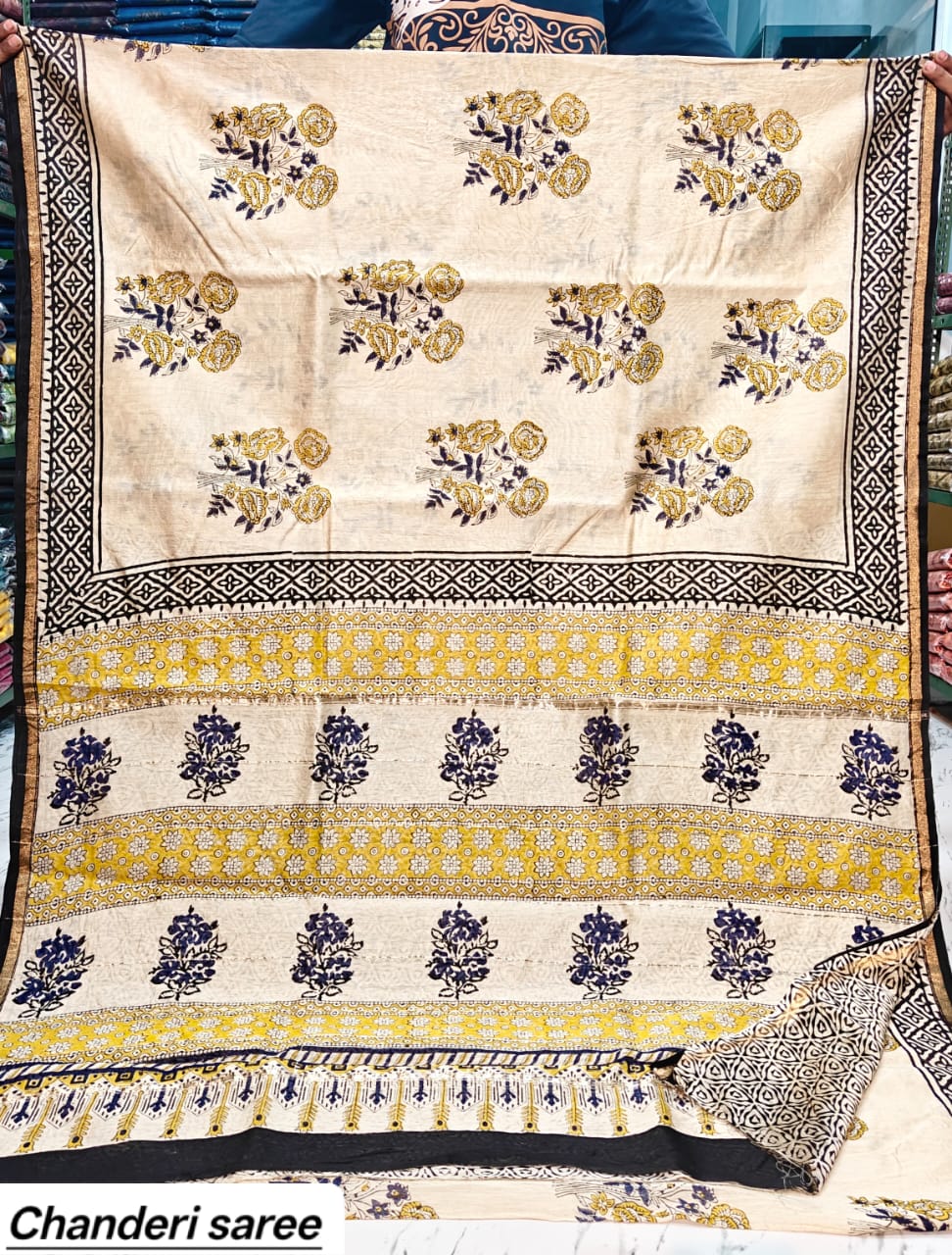 Off-White & Mustard Yellow Floral Motif Chanderi Bagru Handblock Printed Silk Saree With Blouse