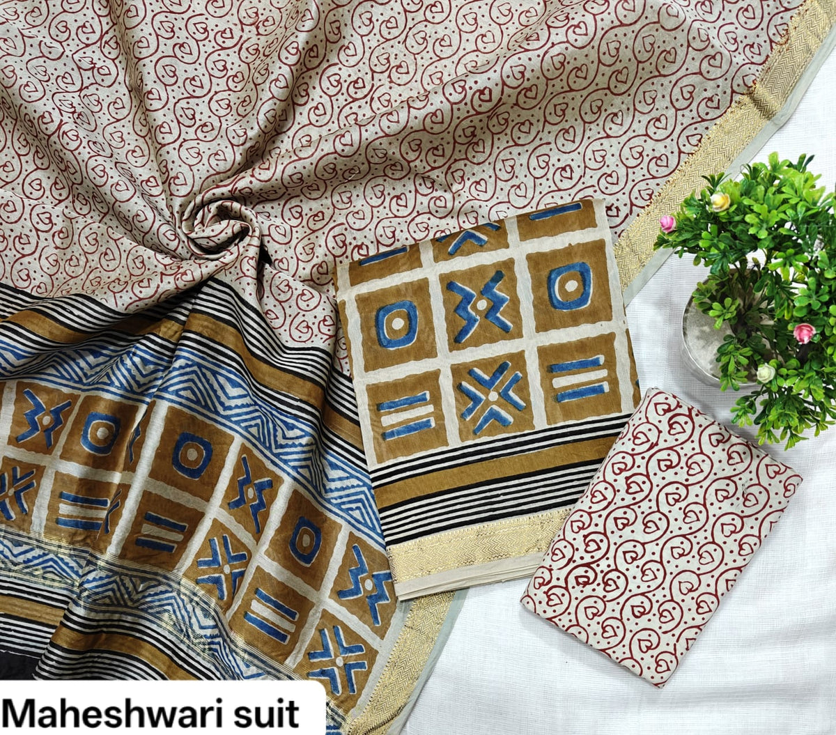 Off-White & Ochre Yellow Geometric Motif Handblock Printed Pure Maheshwari Silk Unstitched Suit Set with Dupatta