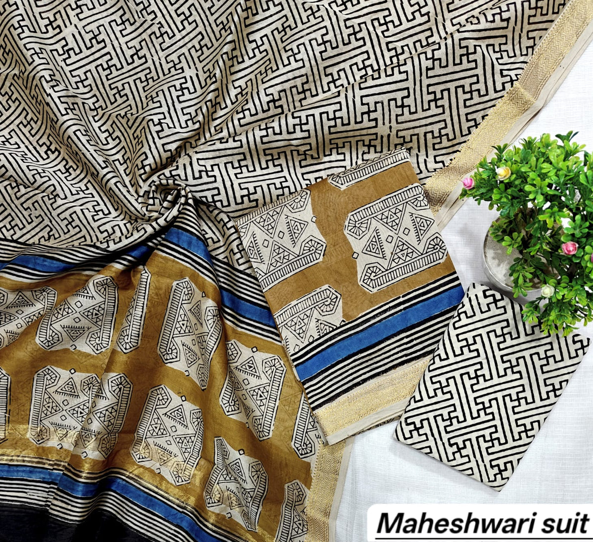 Off-White & Ochre Yellow Greek Key Motif Handblock Printed Pure Maheshwari Silk Unstitched Suit Set with Dupatta