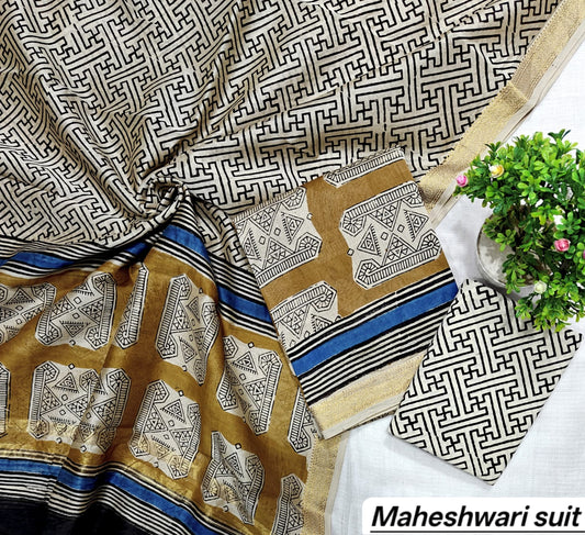 Off-White & Ochre Yellow Greek Key Motif Handblock Printed Pure Maheshwari Silk Unstitched Suit Set with Dupatta