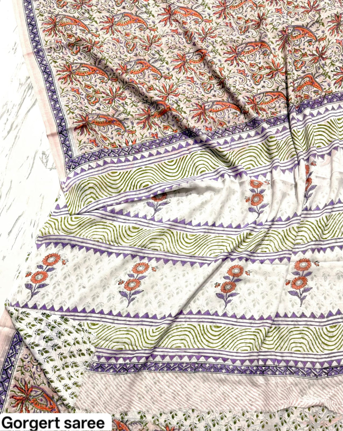 Off-White & Pink Floral Handblock Printed Georgette Saree