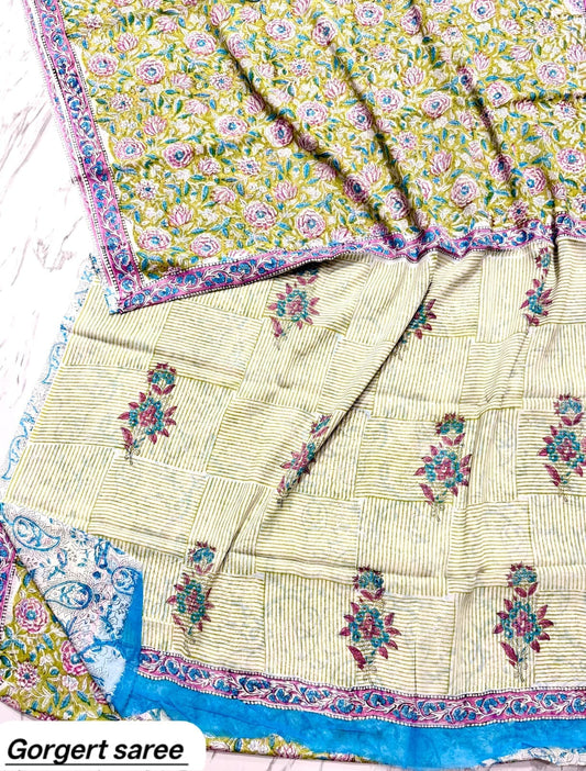 Off-White & Purple Floral Handblock Printed Georgette Saree