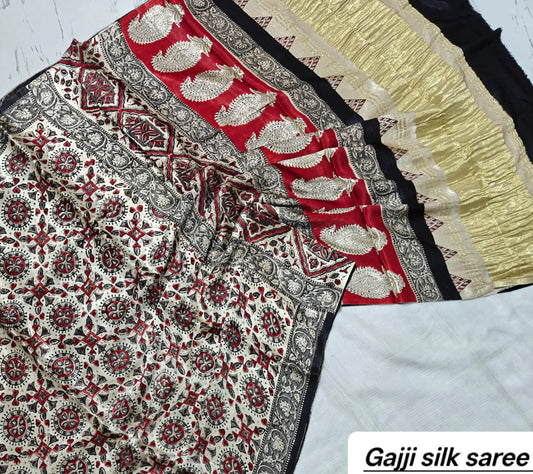 Off-White & Red Floral Ajrakh Handblock Saree in Pure Gajji Silk