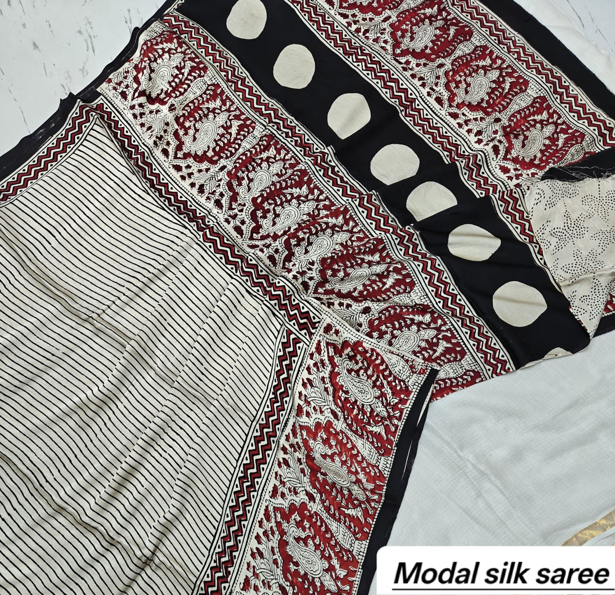 Off-White & Red Floral Handblock Print Pure Modal Silk Ajrakh Saree