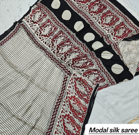 Off-White & Red Floral Handblock Print Pure Modal Silk Ajrakh Saree