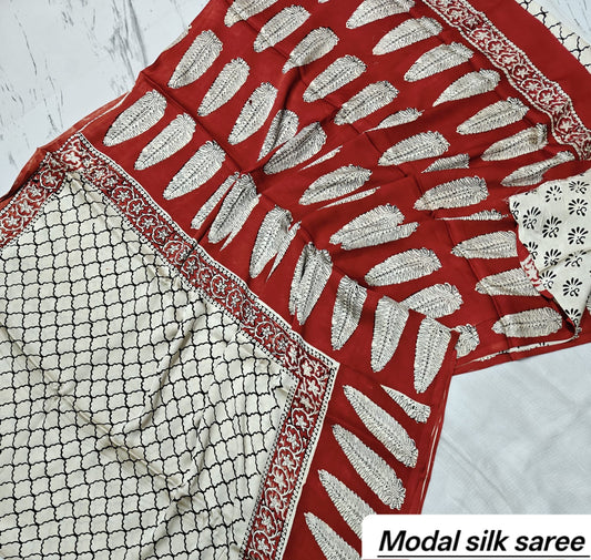 Off-White & Red Leaf Motif Handblock Print Pure Modal Silk Ajrakh Saree