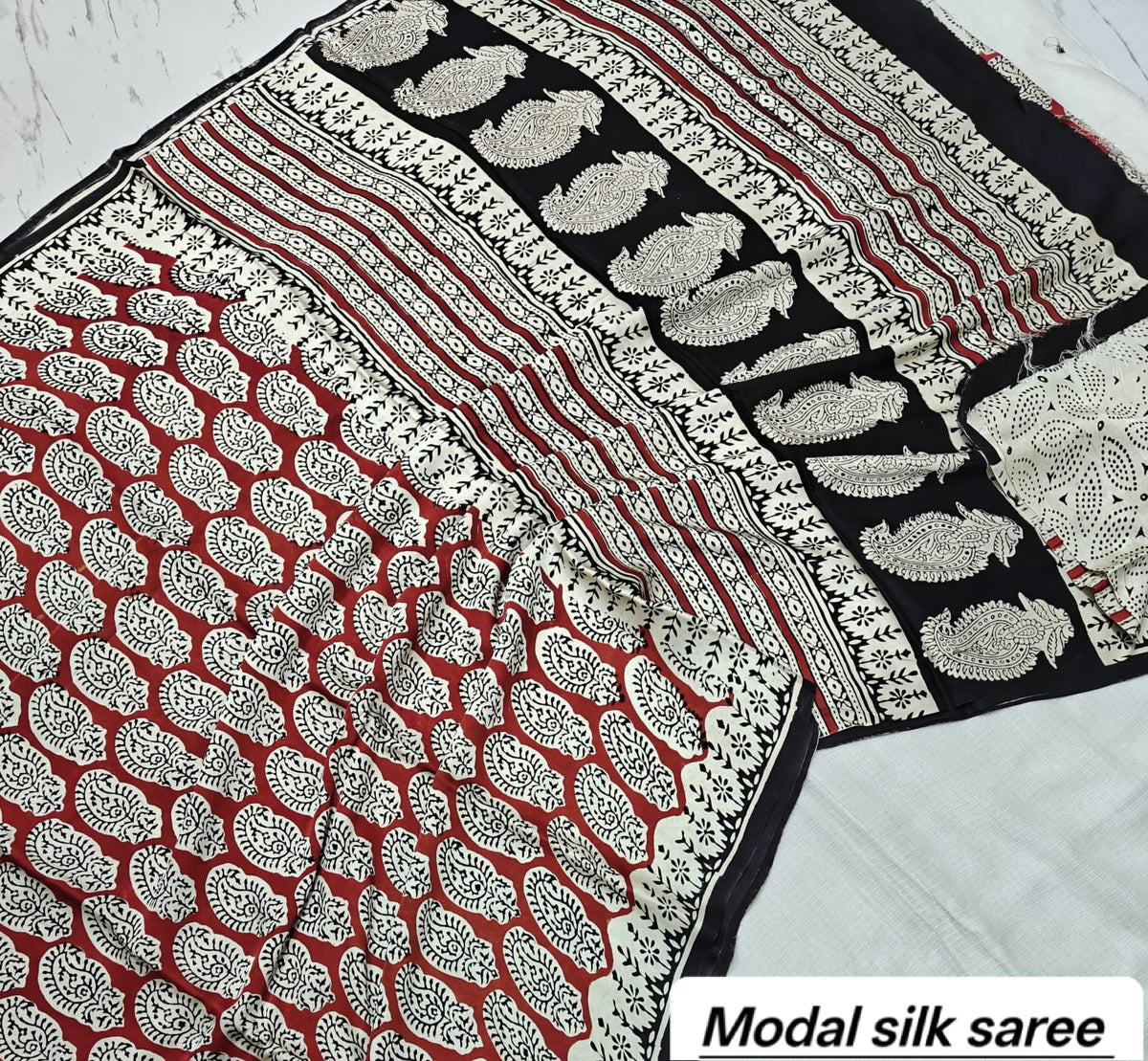 Off-White & Red Polka Dot Handblock Print Pure Modal Silk Ajrakh Saree