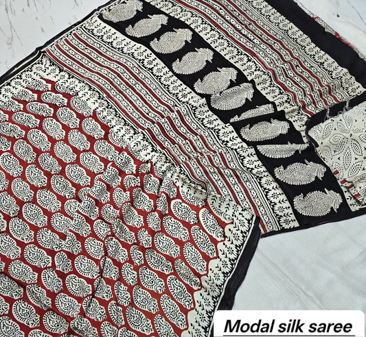 Off-White & Red Polka Dot Handblock Print Pure Modal Silk Ajrakh Saree