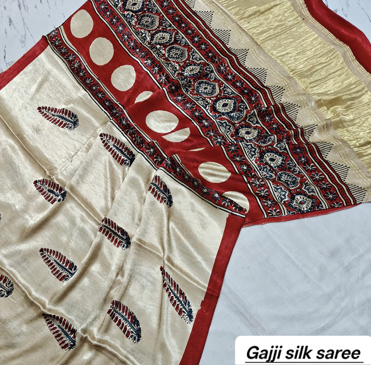 Off-White & Red Solid Border Ajrakh Handblock Saree in Pure Gajji Silk