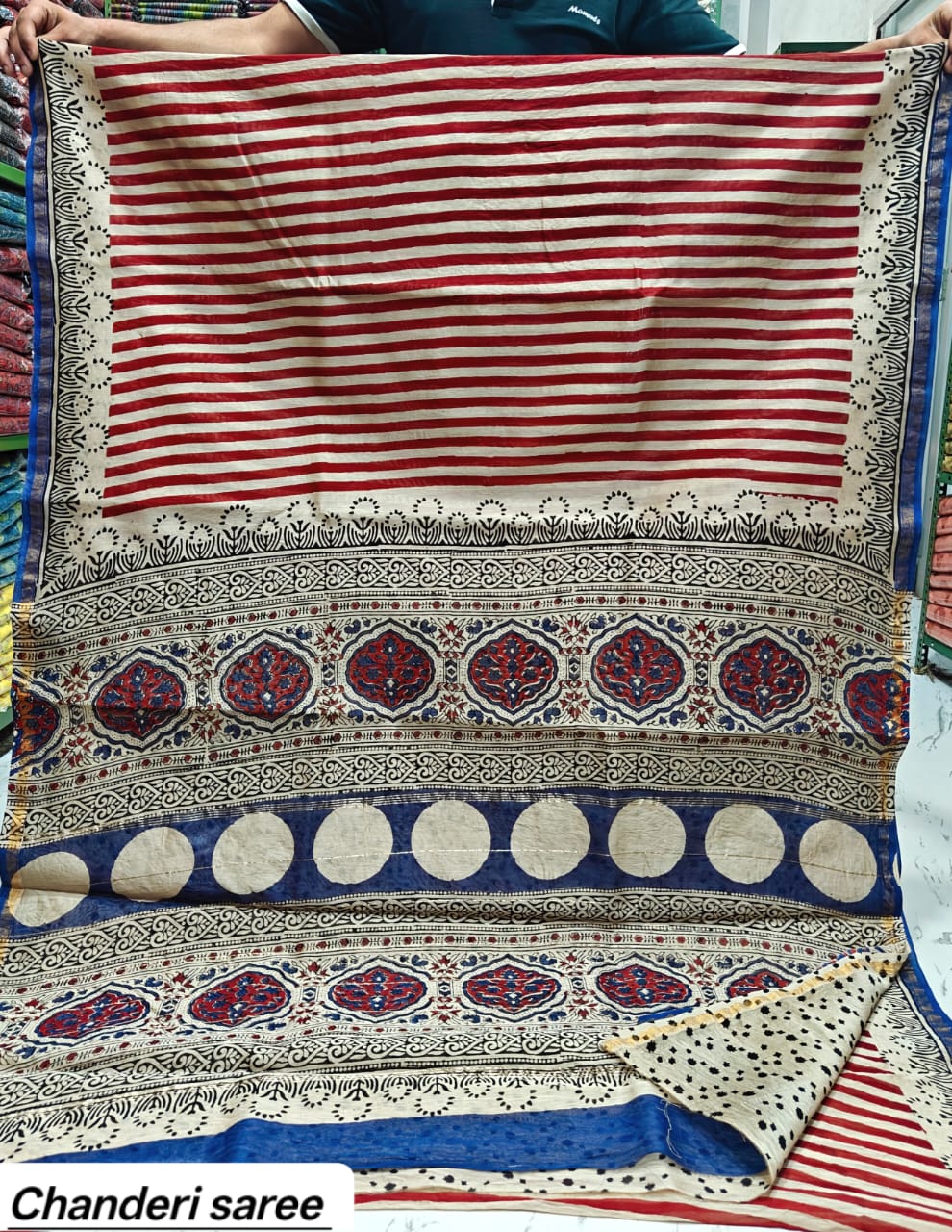 Off-White & Red Striped Geometric Chanderi Bagru Handblock Printed Silk Cotton Saree With Blouse
