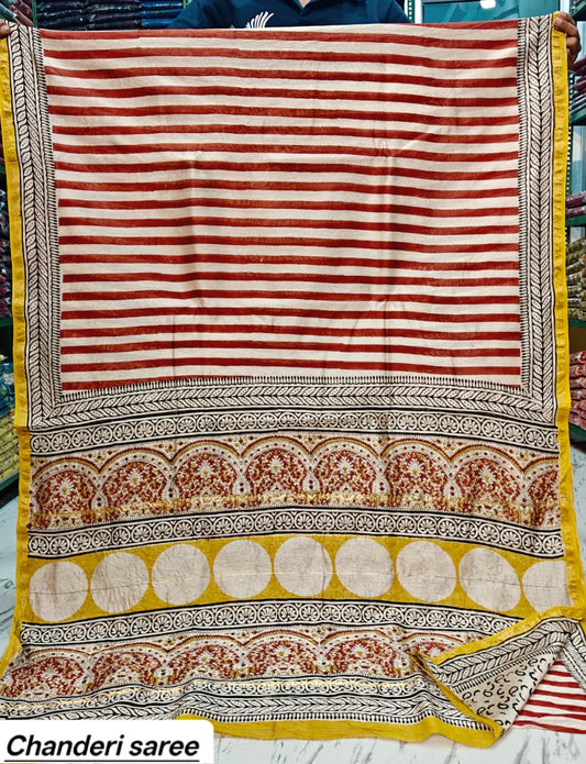 Off-White & Red Striped Geometric Chanderi Bagru Handblock Printed Silk Saree With Blouse