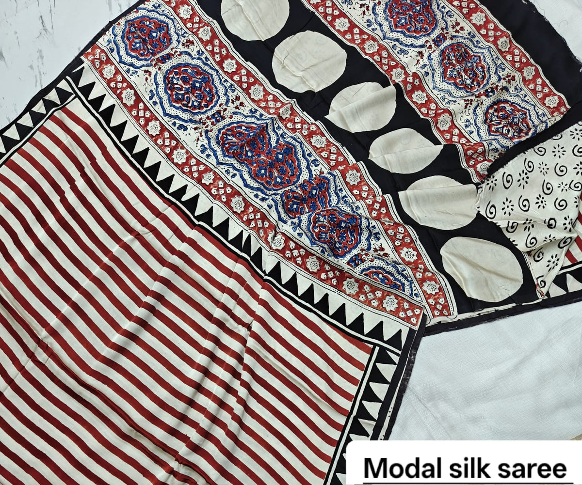 Off-White & Red Striped Handblock Print Pure Modal Silk Ajrakh Saree