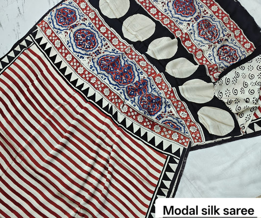 Off-White & Red Striped Handblock Print Pure Modal Silk Ajrakh Saree