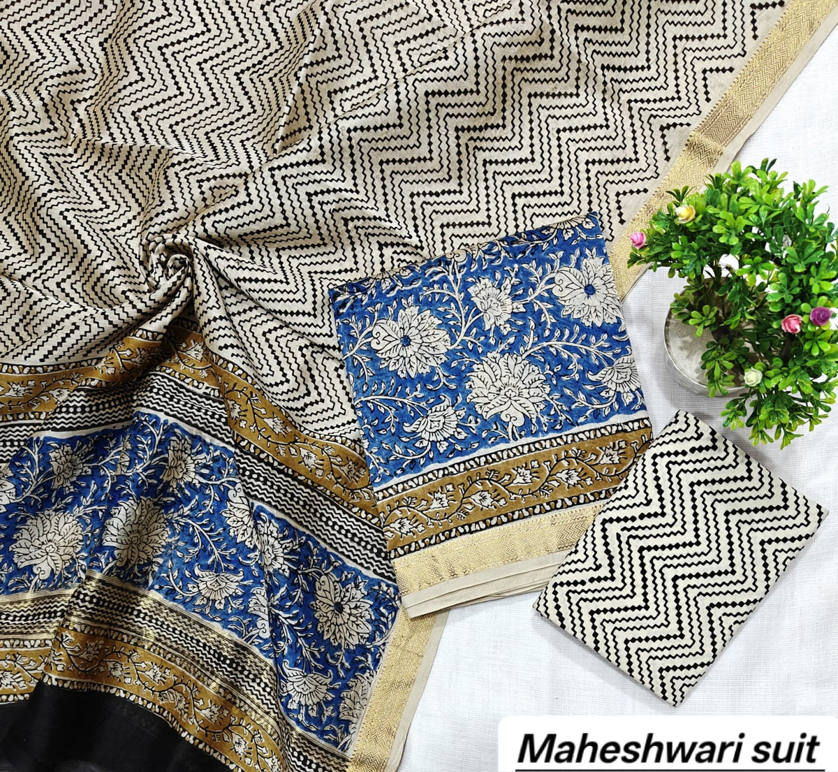 Off-White & Royal Blue Floral Motif Handblock Printed Pure Maheshwari Silk Unstitched Suit Set with Dupatta
