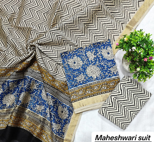 Off-White & Royal Blue Floral Motif Handblock Printed Pure Maheshwari Silk Unstitched Suit Set with Dupatta