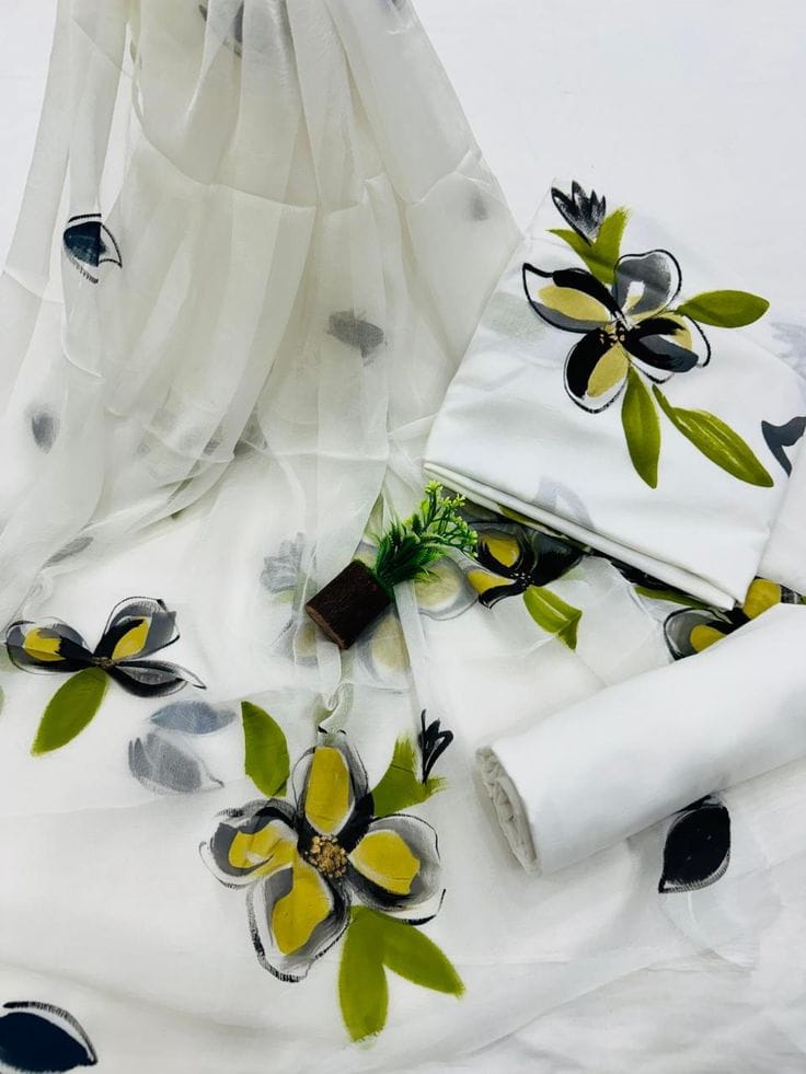 Off-White and Green Leaf Painted Traditional Handblock Cotton Suit Set with Chiffon Dupatta