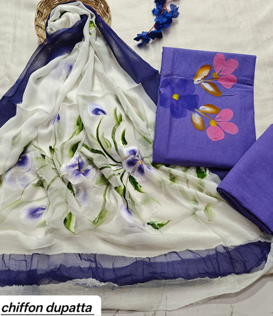 Off-White and Purple Floral Painted Traditional Handblock Cotton Suit Set with Chiffon Dupatta