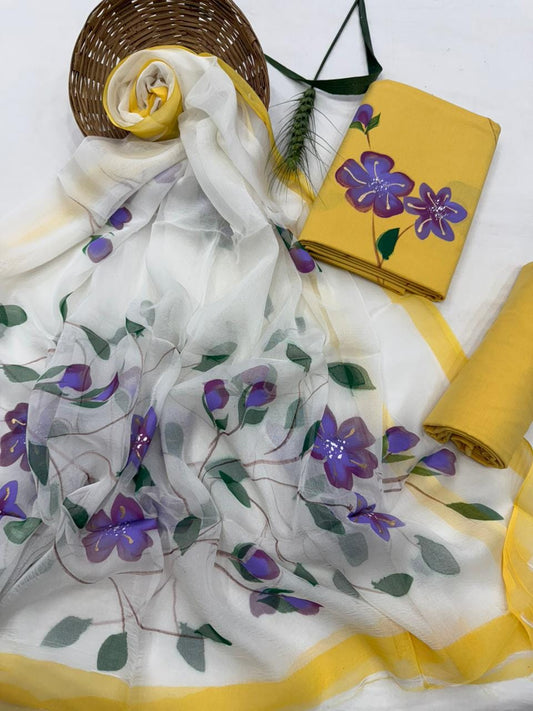 Off-White and Yellow Floral Painted Traditional Handblock Cotton Suit Set with Chiffon Dupatta