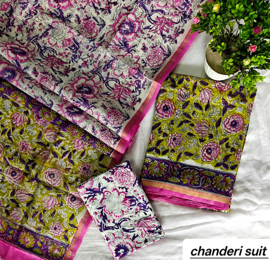 Olive Green and Purple Floral Pattern Handblock Printed Pure Chanderi Silk Unstitched Suit Set