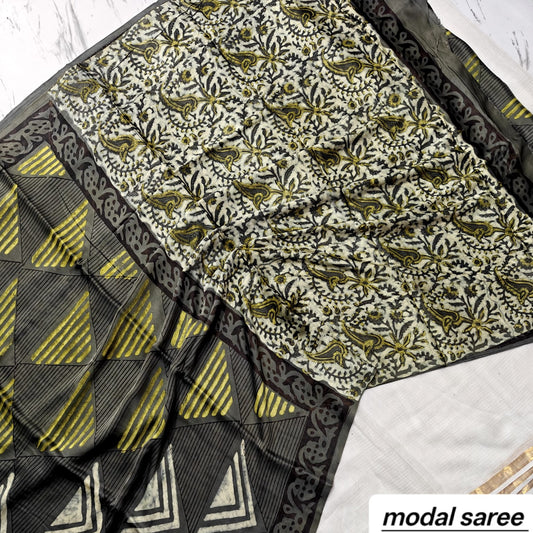 Olive Green & Black Chevron Handblock Print Pure Modal Silk Ajrakh Saree