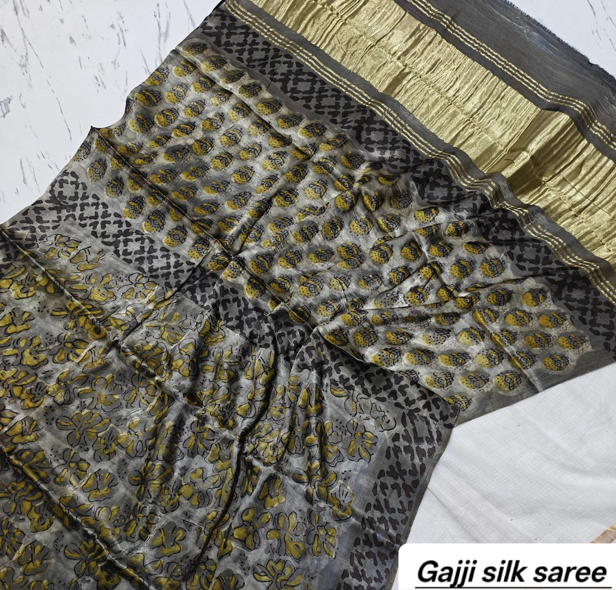 Olive Green & Black Floral Ajrakh Handblock Saree in Pure Gajji Silk