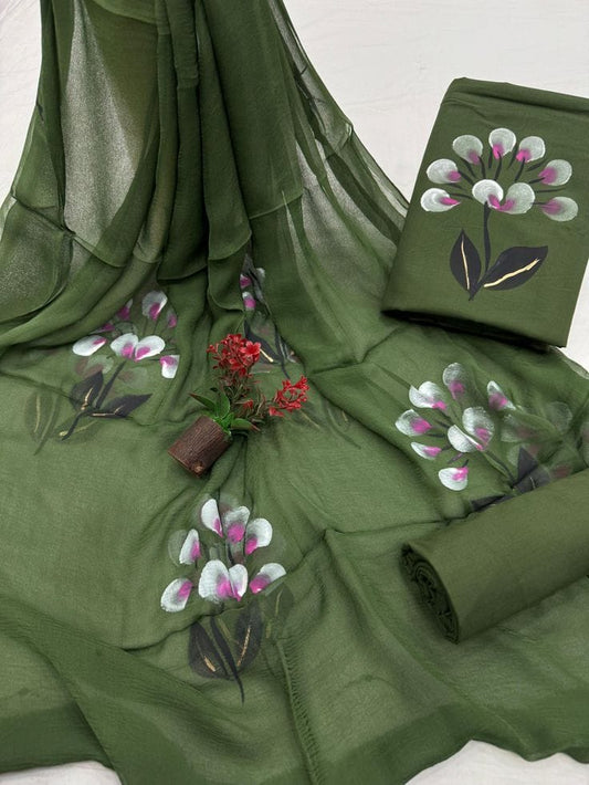 Olive Green Floral Painted Traditional Handblock Cotton Suit Set with Chiffon Dupatta