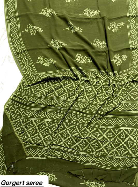 Olive Green Geometric Handblock Printed Georgette Saree