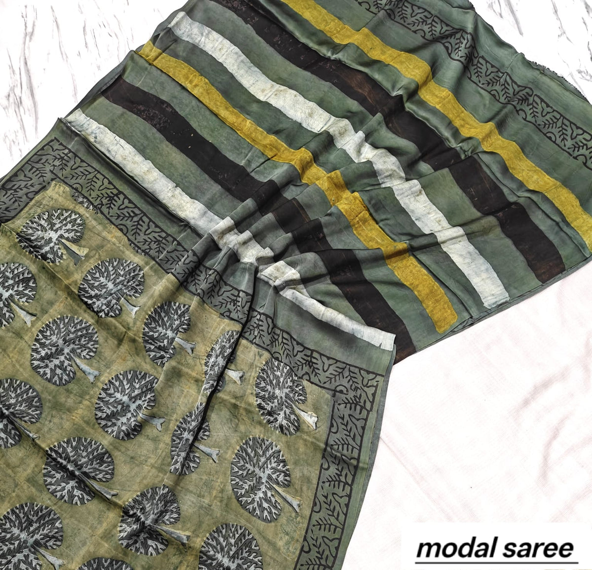 Olive Green & Grey Geometric Handblock Print Pure Modal Silk Ajrakh Saree