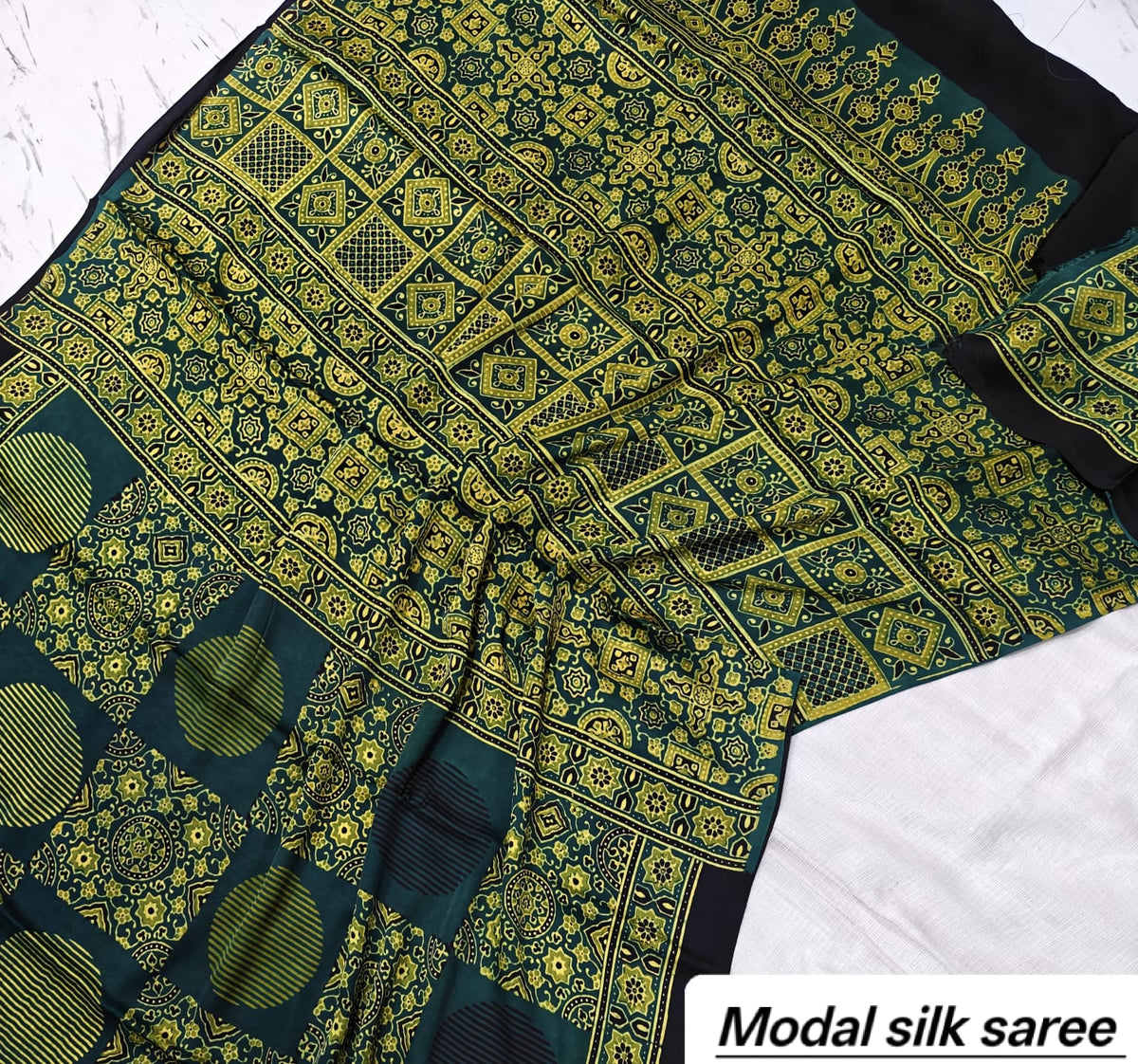 Olive Green & Mustard Floral Handblock Print Pure Modal Silk Ajrakh Saree