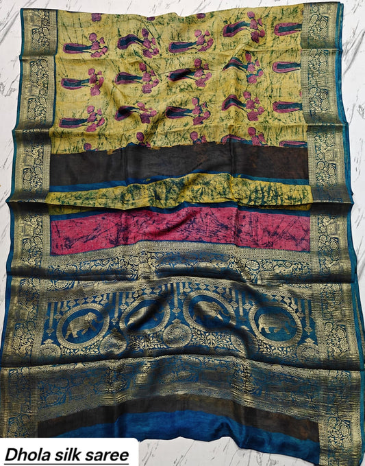 Olive Green & Pink Abstract Floral Pure Dola Silk Ajrakh Handblock Printed Saree