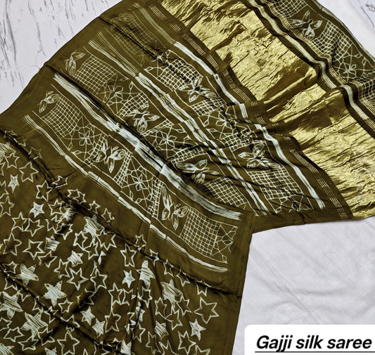 Olive Green & White Geometric Ajrakh Handblock Saree in Pure Gajji Silk