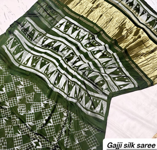 Olive Green & White Striped Ajrakh Handblock Saree in Pure Gajji Silk