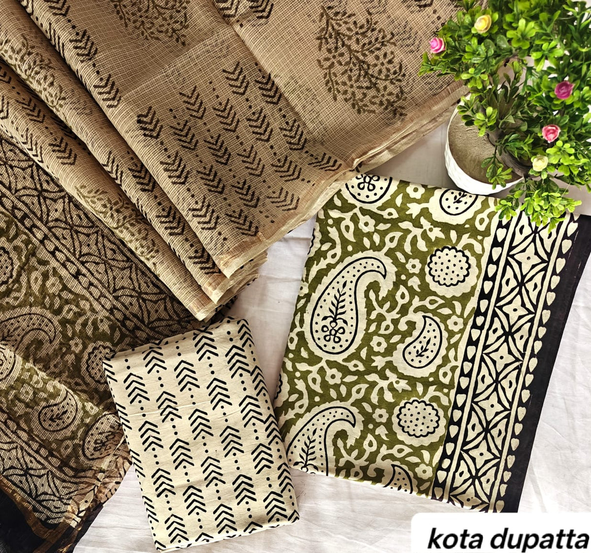 Olive Green and Beige Abstract Floral Traditional Cotton Suit Set with Kota Doria Dupatta (Handblock Printed)
