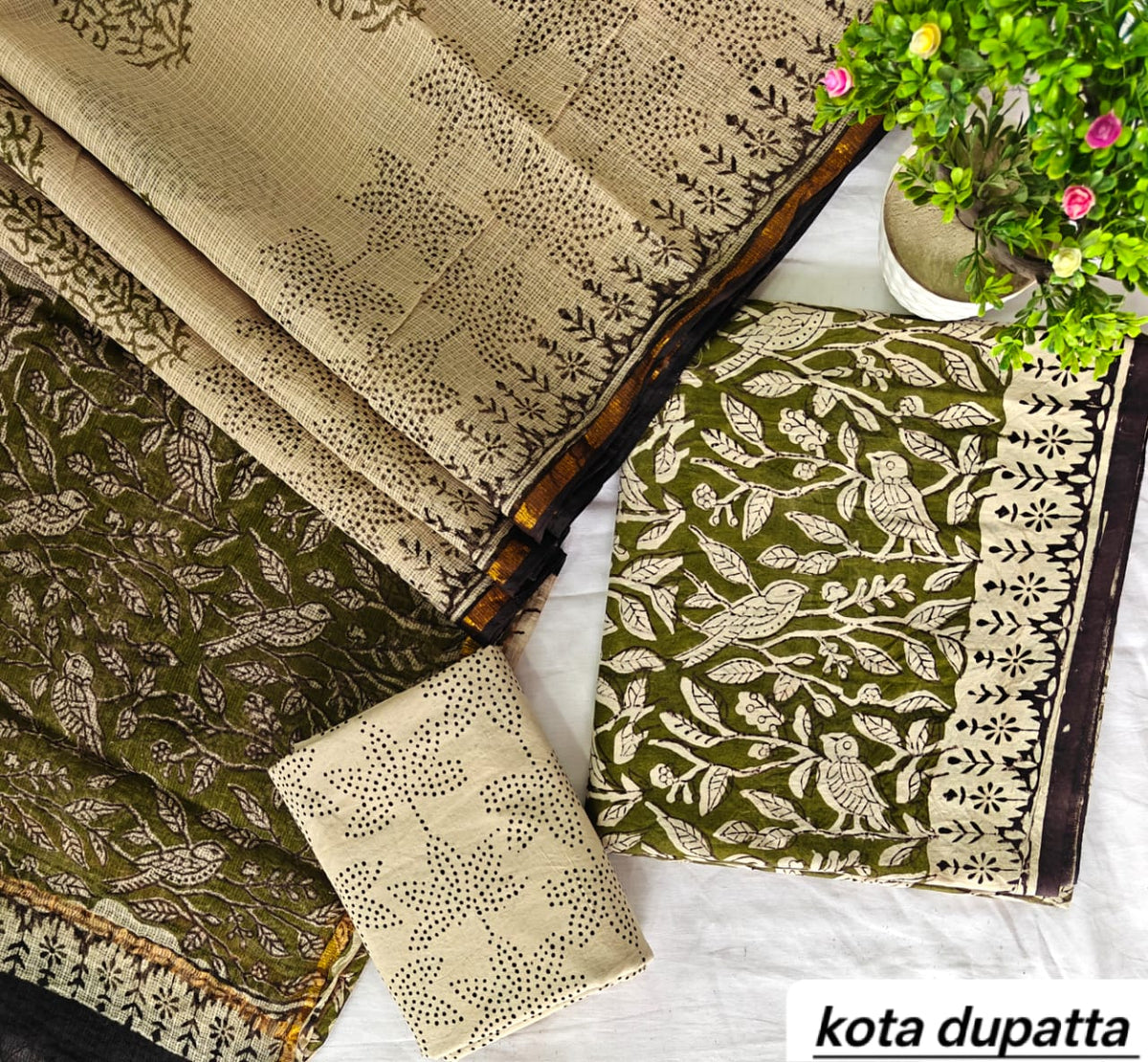 Olive Green and Beige Floral Motif Traditional Cotton Suit Set with Kota Doria Dupatta (Handblock Printed)