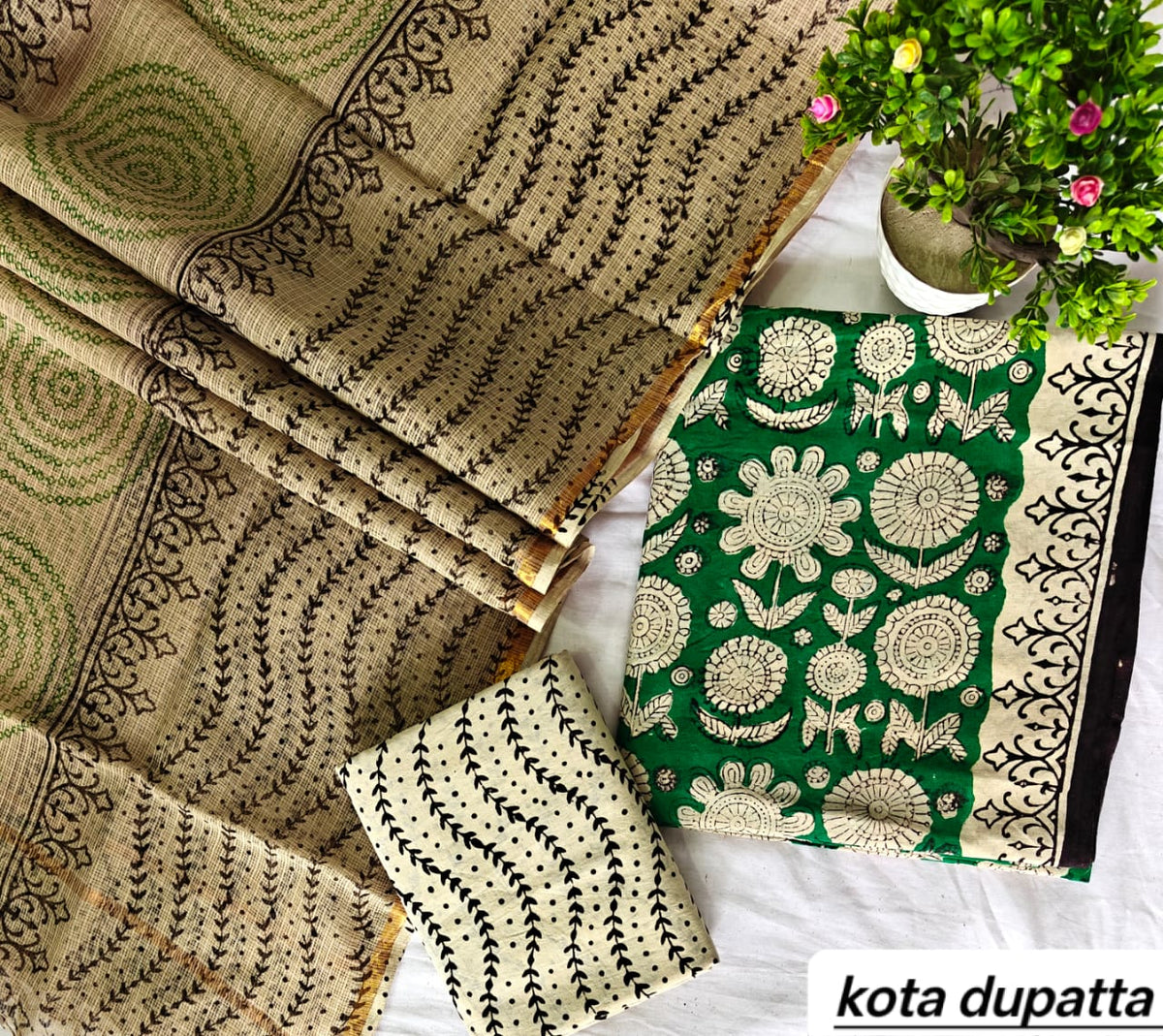 Olive Green and Black Zigzag Traditional Cotton Suit Set with Kota Doria Dupatta (Handblock Printed)
