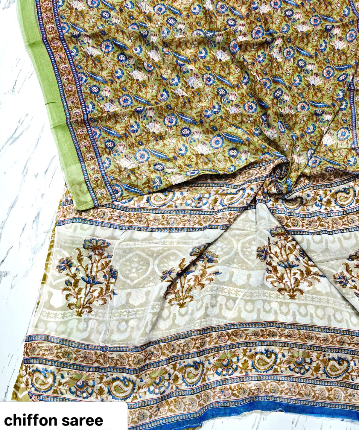 Olive Green and Cream Floral Pure Hand Block Printed Double Diamond Chiffon Saree