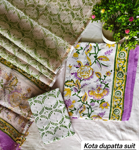Olive Green and White Geometric Block Traditional Cotton Suit Set with Kota Doria Dupatta (Handblock Printed)