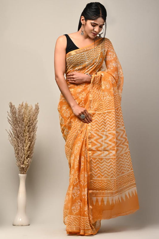 Orange & Yellow Chevron Hand Block Printed Kota Doria Cotton Saree