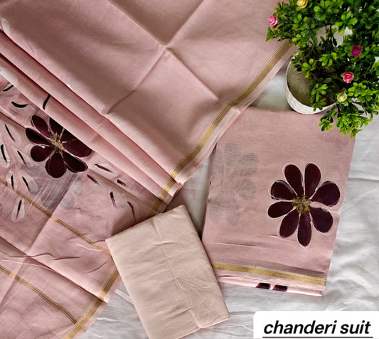 Peach Pink Large Floral Motif Handblock Printed Pure Chanderi Silk Unstitched Suit Set