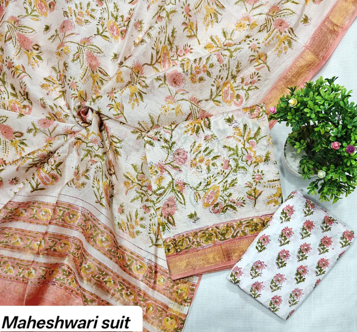 Peach & Green Floral Motif Handblock Printed Pure Maheshwari Silk Unstitched Suit Set with Dupatta