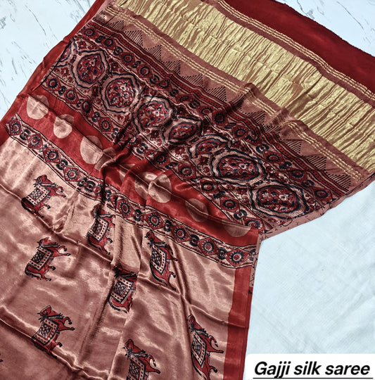 Peach & Maroon Abstract Ajrakh Handblock Saree in Pure Gajji Silk