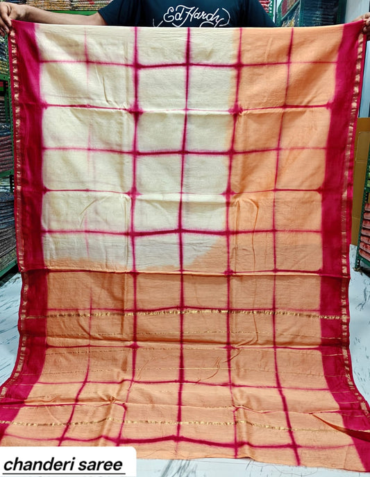 Peach & Red Checkered Chanderi Bagru Handblock Printed Silk Cotton Saree With Blouse
