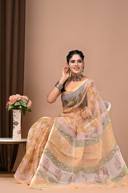Peach & Yellow Floral Hand Painted Hand Block Printed Kota Doria Cotton Saree