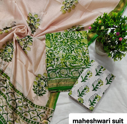 Peach and Forest Green Floral Pattern Handblock Printed Pure Maheshwari Silk Suit Set with Zari Border
