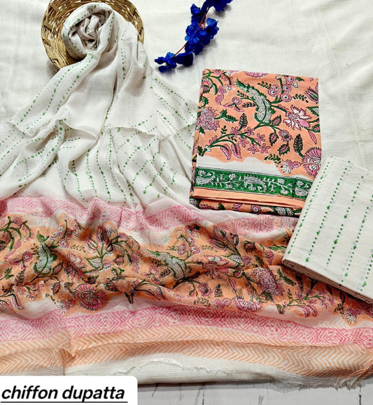 Peach and Pink Floral Traditional Handblock Cotton Suit Set with Chiffon Dupatta