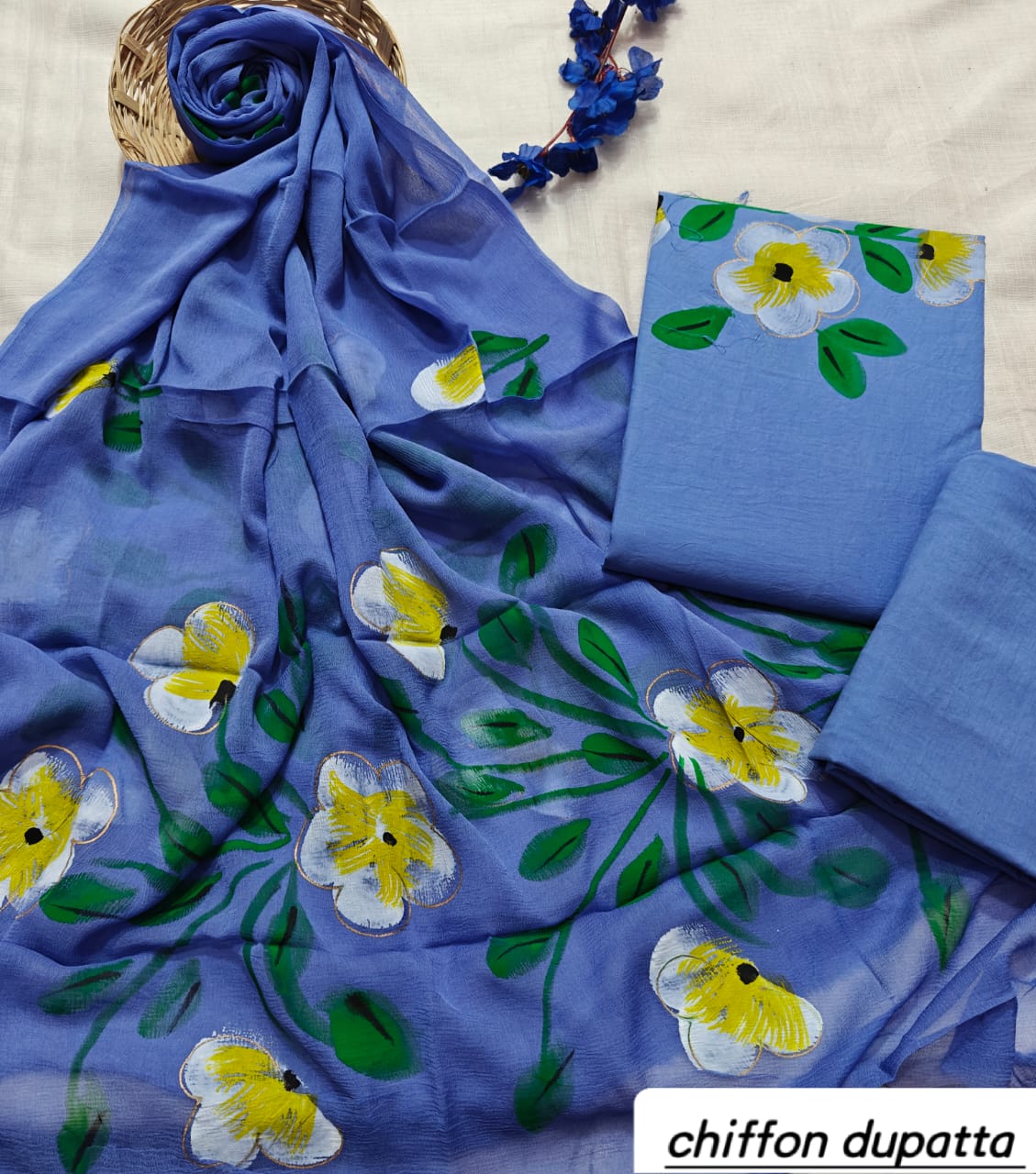 Periwinkle Blue Floral Painted Traditional Handblock Cotton Suit Set with Chiffon Dupatta