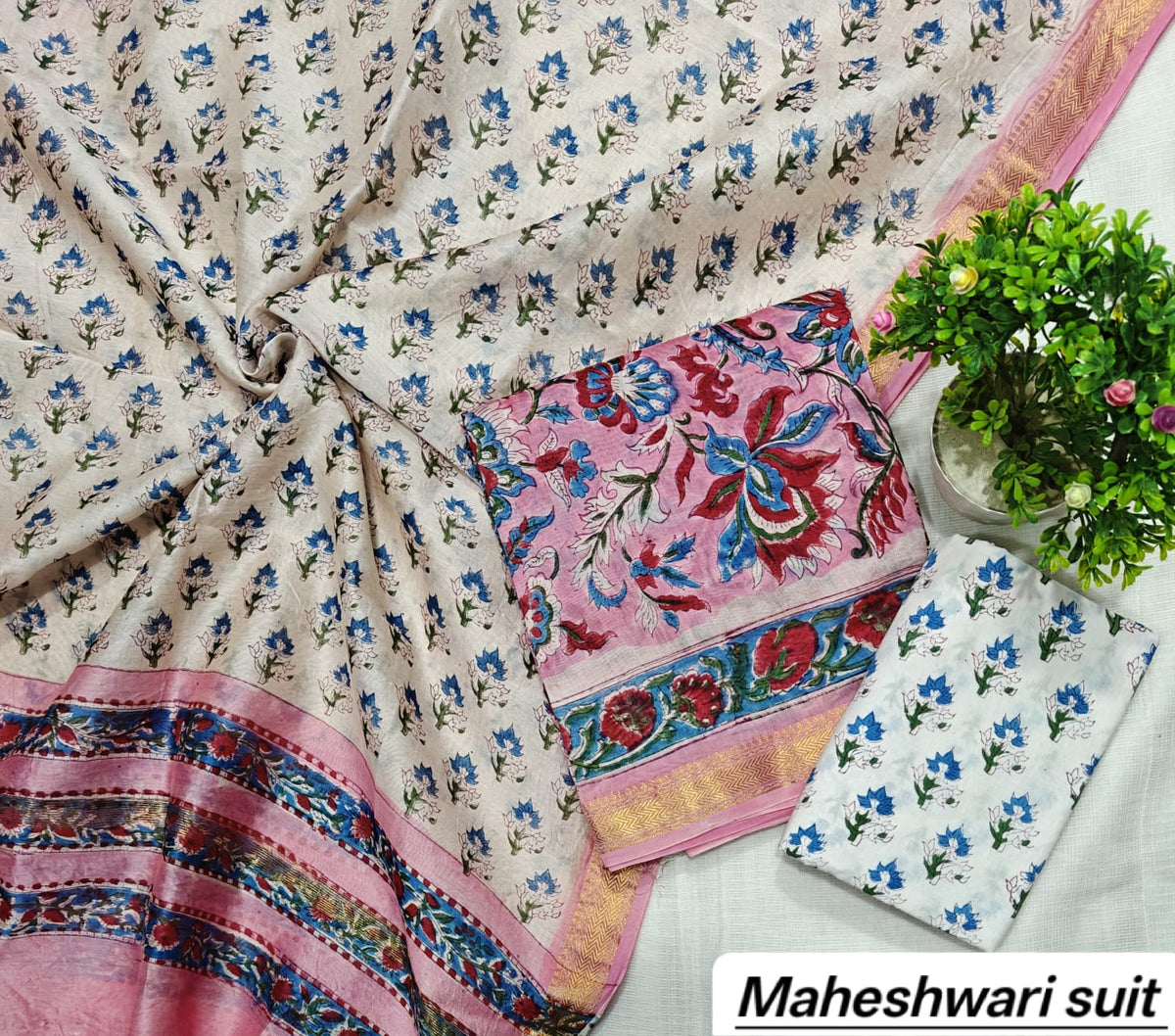 Pink & Blue Floral Motif Handblock Printed Pure Maheshwari Silk Unstitched Suit Set with Dupatta